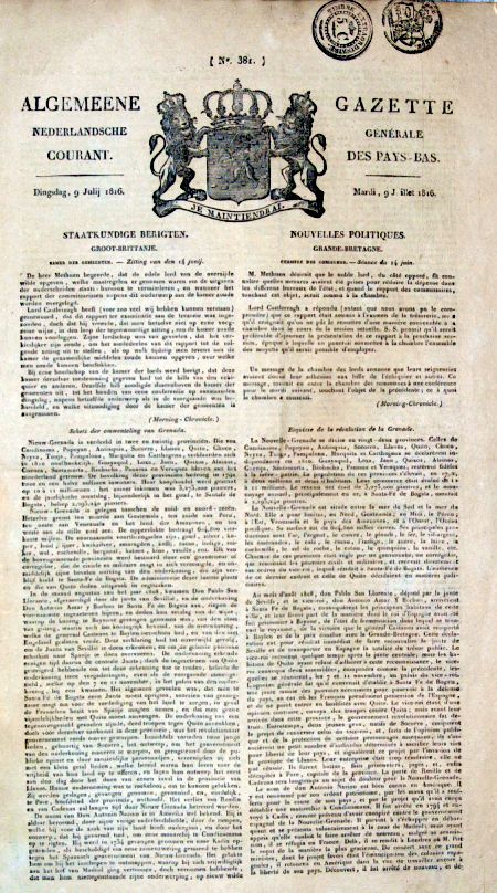 journal Gazette générale des Pays-Bas Esquisse de la révolution de la Nouvelle-Grenade.