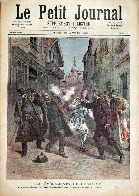 journal Le petit journal illustré Les événements de Bulgarie. (Assassinat de M. Beltchef en présence de M. Stambouloff).