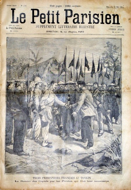 journal Le petit Parisien illustré Trois prisonniers Français au Tonkin. La remise des Captifs par les Pirates, qui font leur soumission.