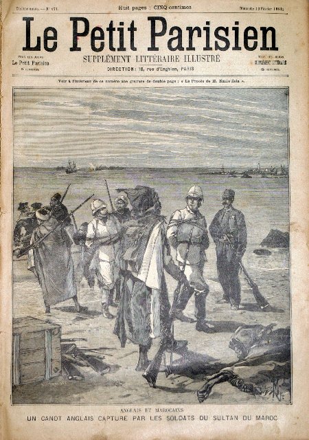journal Le petit Parisien illustré Anglais et Marocains. Un canot Anglais capturé par les soldats du Sultan du Maroc.