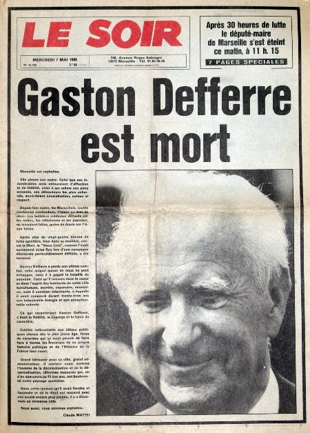 journal Le Soir Gaston Defferre est mort.