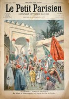 Au Maroc. Combat d'Oudja. Les soldats du Sultan rapportent en trophées les têtes des Rebelles.