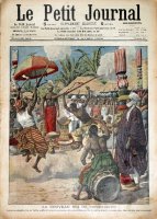 Le nouveau Roi de Porto-Novo. Le prince Adjiki, fils de Toffa, coiffé du bicorne à plumes blanches, insigne de la souveraineté, assiste aux fêtes de son couronnement.