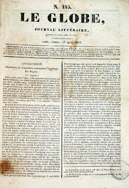 journal Le Globe Discussion en Angleterre concernant l'esclavage des Nègres.