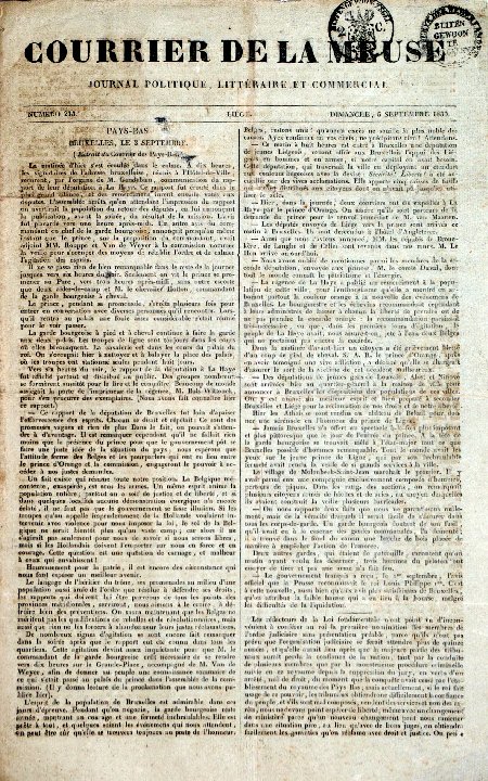 journal Courrier de la Meuse La Commission a reçu l'ordre du Prince de s'occuper des moyens de rétablir l'ordre et de calmer l'agitation des esprits à  Bruxelles.