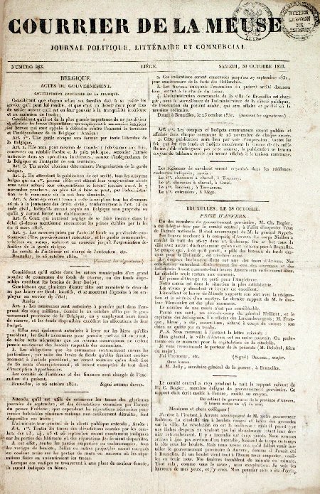 journal Courrier de la Meuse Création d'une garde civique par le gouvernement provisoire de Belgique. Prise d'Anvers,