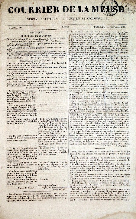 journal Courrier de la Meuse évacuation de la citadelle d'Anvers par les troupes du général Chassé