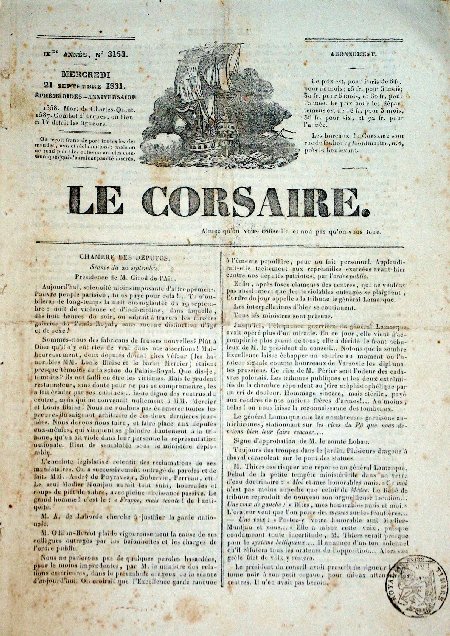 journal Le Corsaire Séance du 20 Septembre de la Chambre des Députés présidée par M. Girod de l'Ain.
