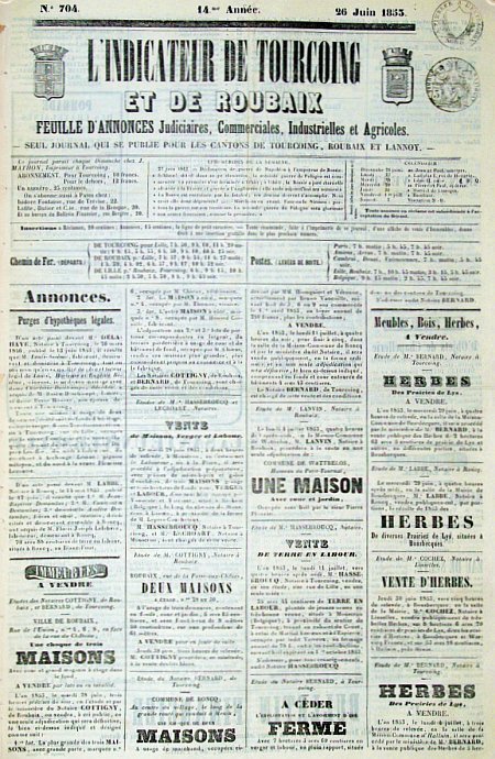 journal L'indicateur de Tourcoing et de Roubai Feuille d'annonces judiciaires, commerciales, industrielles et agricoles.