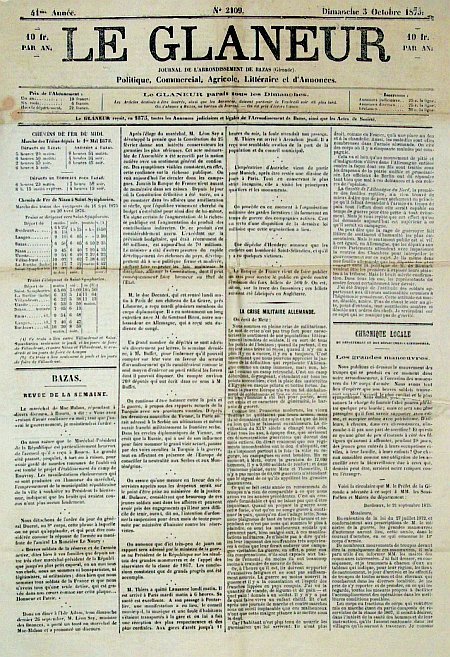 journal Le Glaneur Journal hebdomadaire de l'arrondissement de Bazas(Gironde)