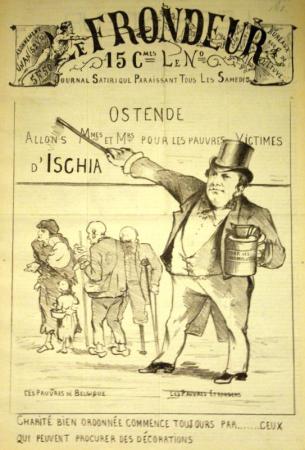 journal Le Frondeur Ostende. Allons Mmes et Mrs pour les pauvres victimes d'Ischia. Les pauvres de Belgique, Les pauvres étrangers.  Charité bien ordonnée commence toujours par.... ceux qui...