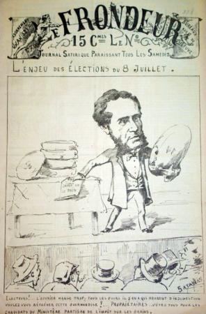 journal Le Frondeur Electeur!... L'ouvrier mange trop, tous les jours il y'en a qui meurent d'indigestion. Voulez-vous réfréner cette gourmandise? Propriétaires, vôtez tous pour les candidats...