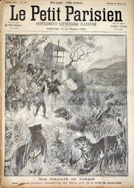 journal Le petit Parisien illustré Nos soldats au Tonkin. Une colonne française attaquée par des tigres près de la forêt de Kame-Daï.