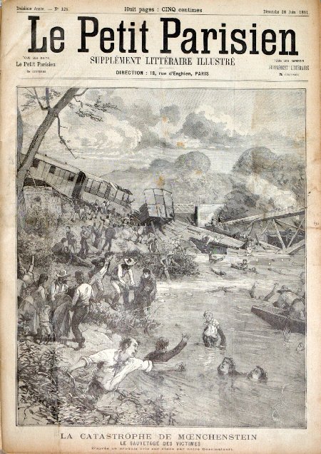 journal Le petit Parisien illustré La catastrophe de Moenchenstein. Le sauvetage des victimes. D'après un croquis pris sur place par notre dessinateur.