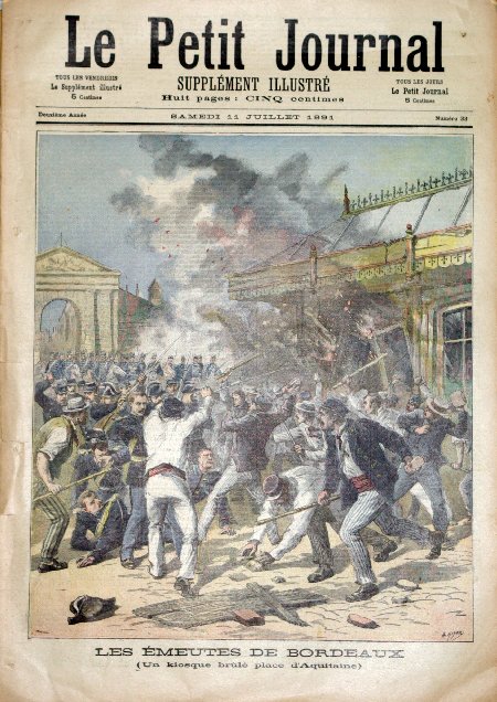 journal Le petit journal illustré Les émeutes de Bordeaux. (Un kiosque brûlé place d'Aquitaine).