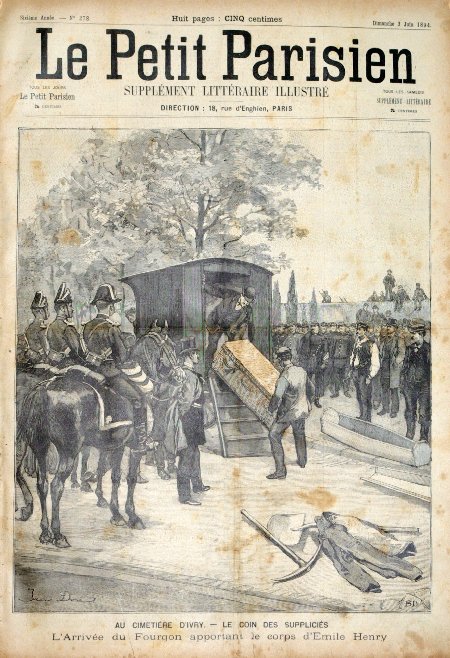 journal Le petit Parisien illustré Au cimetière d'Ivry. Le coin des suppliciés. L'arrivée du Fourgon apportant le corps d'Emile Henry.