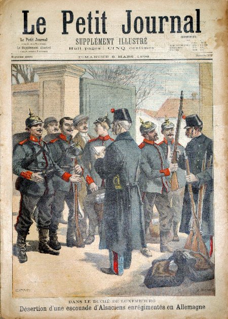 journal Le petit journal illustré Dans le Duché de Luxembourg. Désertion d'une escouade d'Alsaciens enrégimentés en Allemagne.