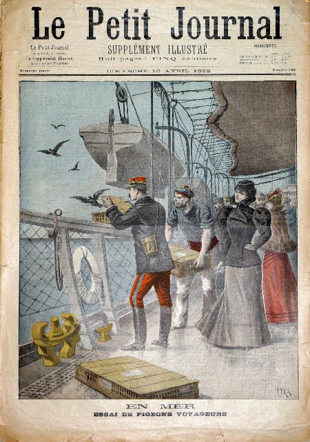 journal Le petit journal illustré En mer. Essai de pigeons voyageurs.