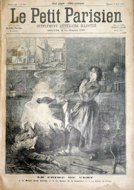 journal Le petit Parisien illustré Le crime de vert. La maison de la victime. La maison de la coupable. La scène du crime.