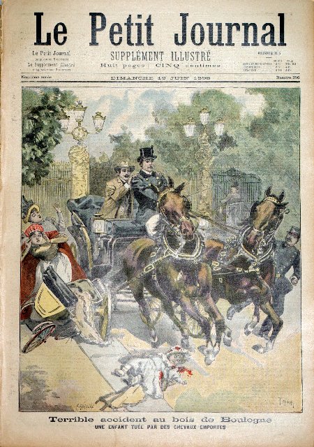 journal Le petit journal illustré Terrible accident au bois de Boulogne. Une enfant tuée par des chevaux emportés.
