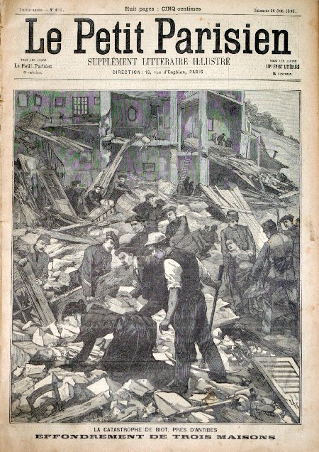 journal Le petit Parisien illustré La catastrophe de Biot, près d'Antibes. Effondrement de trois maisons.