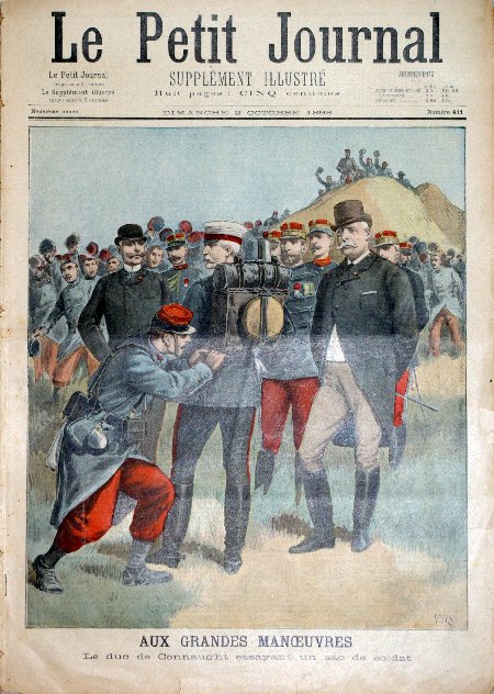 journal Le petit journal illustré Aux grandes manoeuvres. Le Duc de Connaught essayant un sac de soldat.