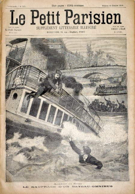 journal Le petit Parisien illustré accident en Seine. Le naufrage d'un bateau-omnibus.