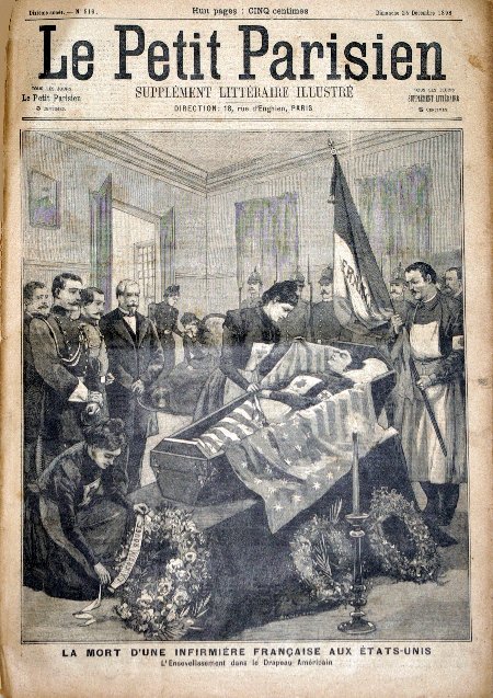 journal Le petit Parisien illustré La mort d'une infirmière Française aux Etats-Unis. L'ensevelissement dans le drapeau Américain.