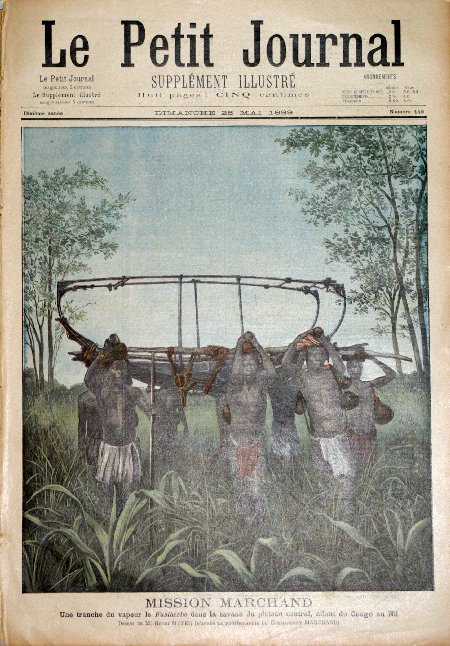 journal Le petit journal illustré Mission Marchand. Une tranche du vapeur le  Faidherbe dans la savane du plateau central, allant du Congo au Nil. D'après la photographie du Commandant Marchand.