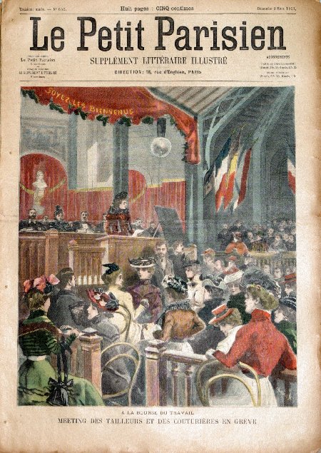 journal Le petit Parisien illustré A la bourse du travail. Meeting des tailleurs et des couturières en grève.