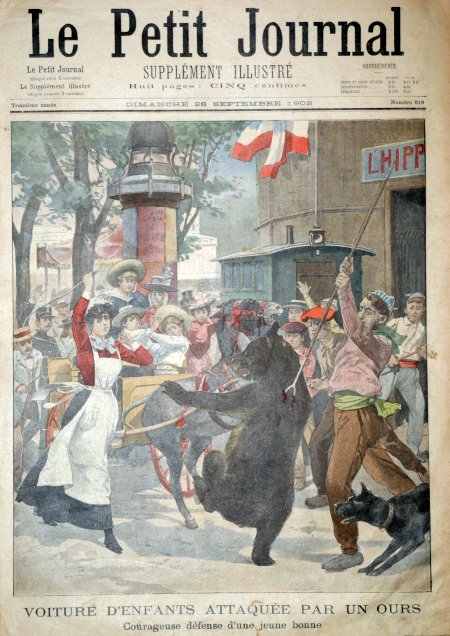 journal Le petit journal illustré Voiture d'enfants attaquée par un ours. Courageuse défense d'une jeune bonne.