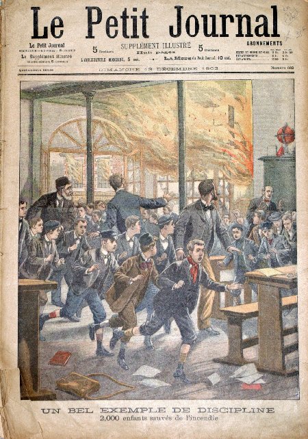 journal Le petit journal illustré Un bel exemple de discipline. 2000 enfants sauvés de l'incendie.