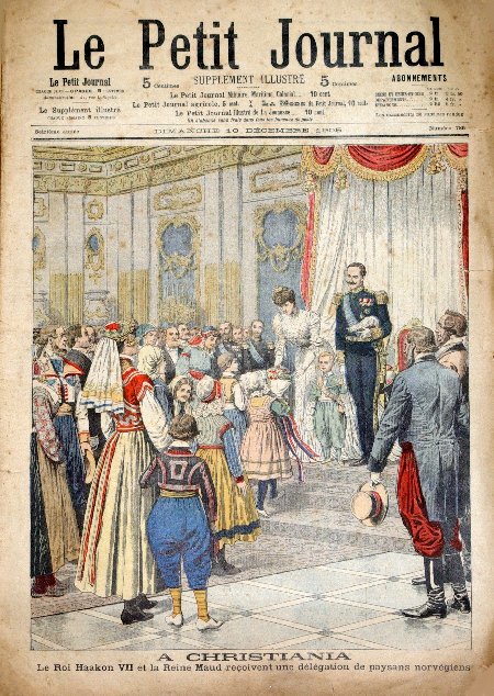 journal Le petit journal illustré A Christiania. Le Roi Haakon VII et la Reine Maud reçoivent une délégation de paysans norvégiens.