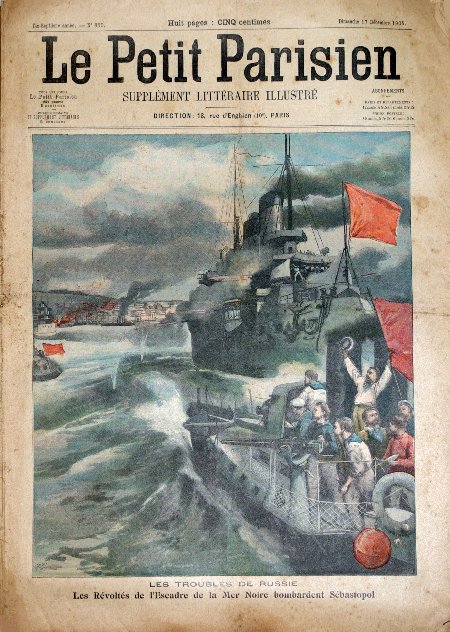 journal Le petit Parisien illustré Les troubles de Russie. Les révoltés de l'Escadre de la Mer Noire bombardent Sébastopol.