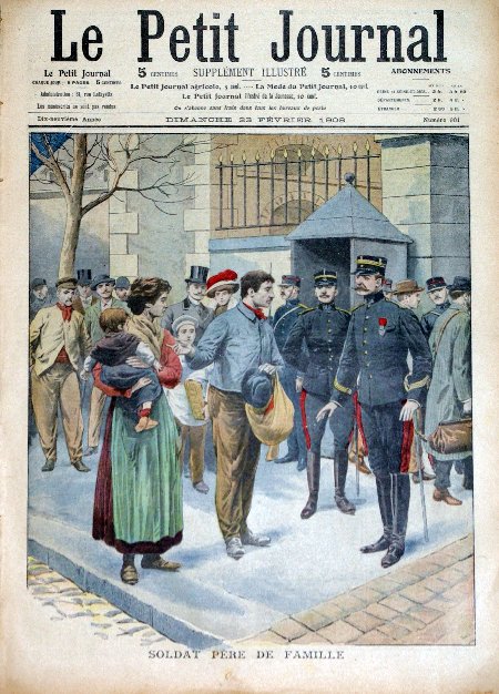 journal Le petit journal illustré Soldat père de famille. Un homme venant faire son service militaire accompagné de sa femme et de son fils.