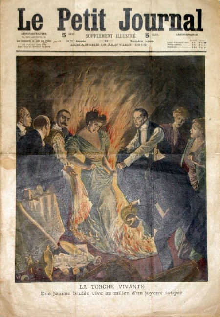 journal Le petit journal illustré La torche vivante. Une femme brulée vive au milieux d'un joyeux souper.