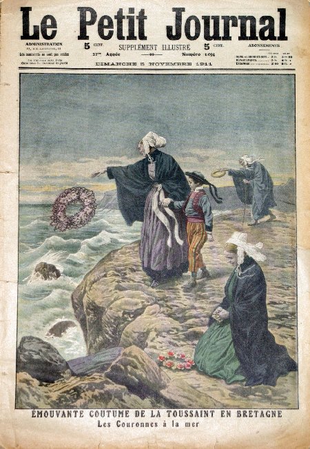 journal Le petit journal illustré Emouvante coutume de la Toussaint en Bretagne. Les couronnes à la mer.