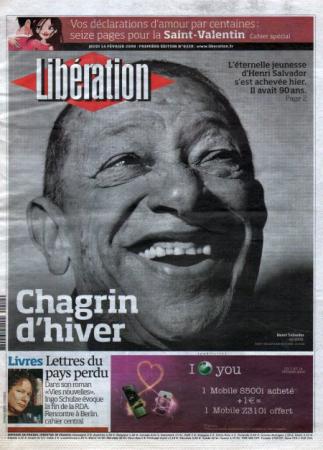 journal Libération Chagrin d'hiver. L'éternelle jeunesse d'Henri Salvador s'est achevée hier. Il avait 90 ans.