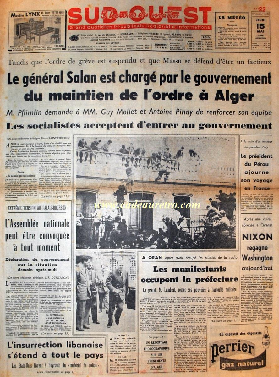 Les événements d'Alger en mai 1958 en France revue de presse du 15